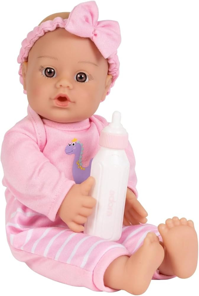 ADORA Soft & Cuddly Sweet Baby Girl Dino, Amazon Exclusive 11” Adorable Baby Girl Doll with Bright Brown Eyes and Brown Painted Hair, Includes Baby Doll Bottle, Jersey Knit Top and Pants | Amazon (US)
