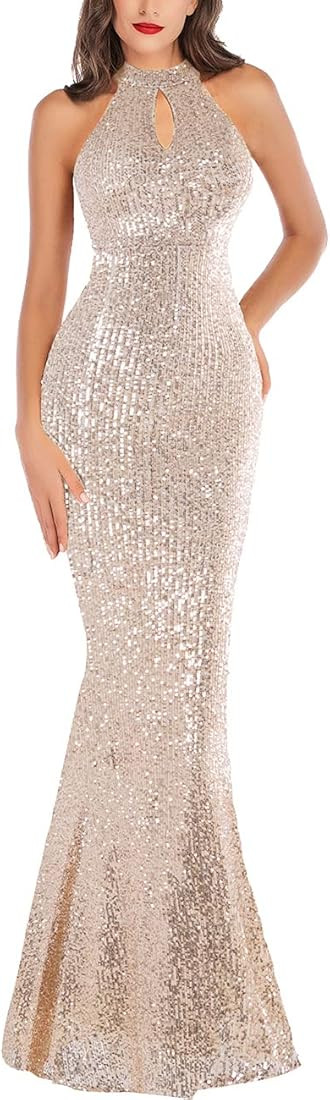 A ARFAR Women Evening Party Dress Sequin Sleeveless Dress Halter Neck Maxi Long Dress Formal Part... | Amazon (US)