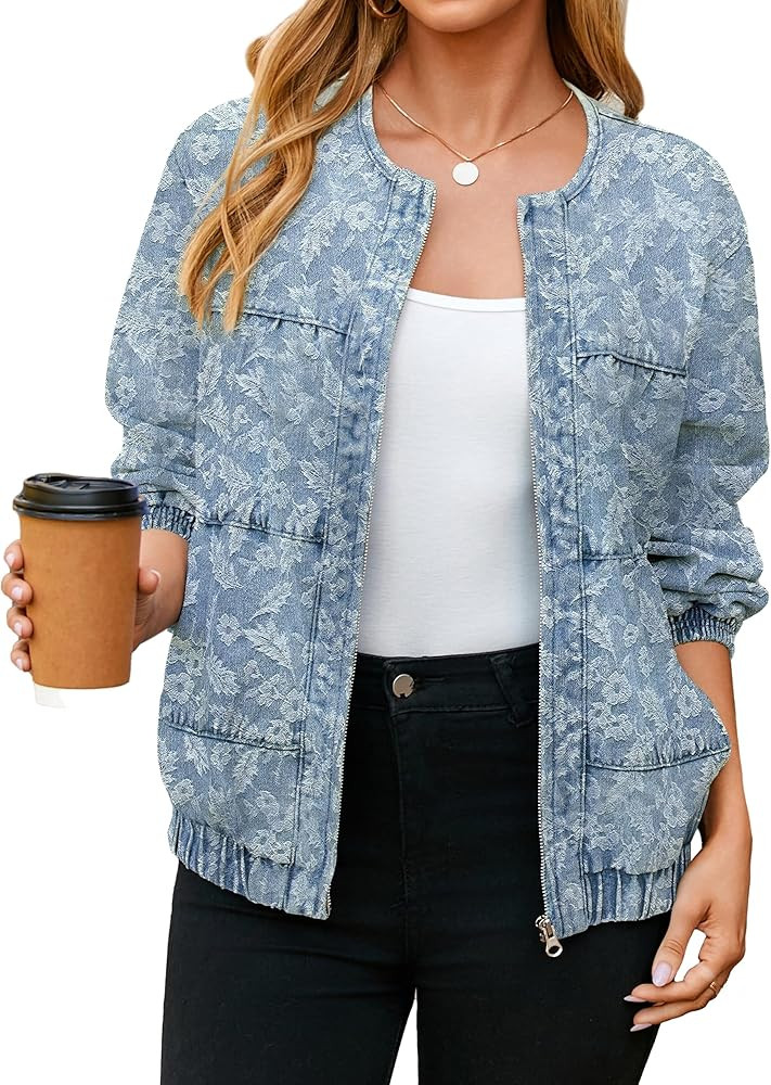 Glamaker Womens Denim Bomber Jacket Trendy Casual Zip Up Crew Neck Long Sleeve Loose Fit Jean Jac... | Amazon (US)