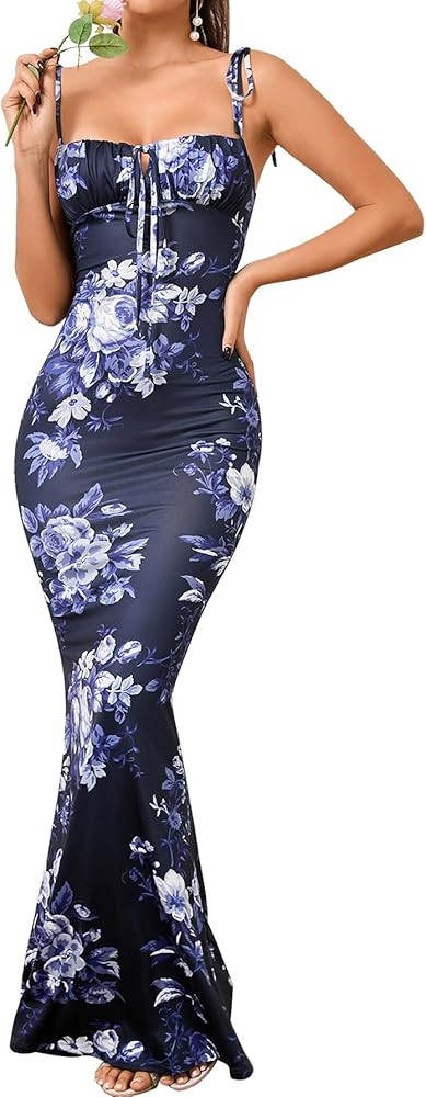 KUTUMAI Women's Summer Floral Bodycon Maxi Dress Spaghetti Strap Long Wedding Guest Baby Shower D... | Amazon (US)