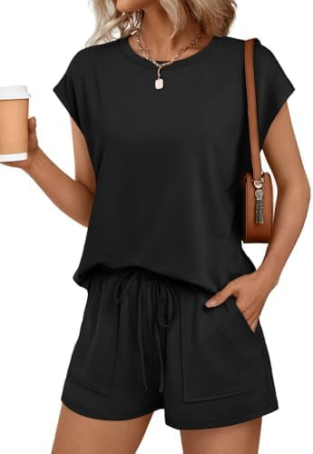 AUTOMET Womens Crew Neck Two Piece Short Sets Cap Sleeve Drawstring Summer Sweatsuit with Pocket | Amazon (US)