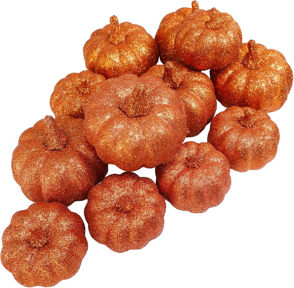 Winlyn 12 Pcs Orange Glitter Artificial Pumpkins Small Decorative Pumpkins Fall Harvest Pumpkins ... | Amazon (US)