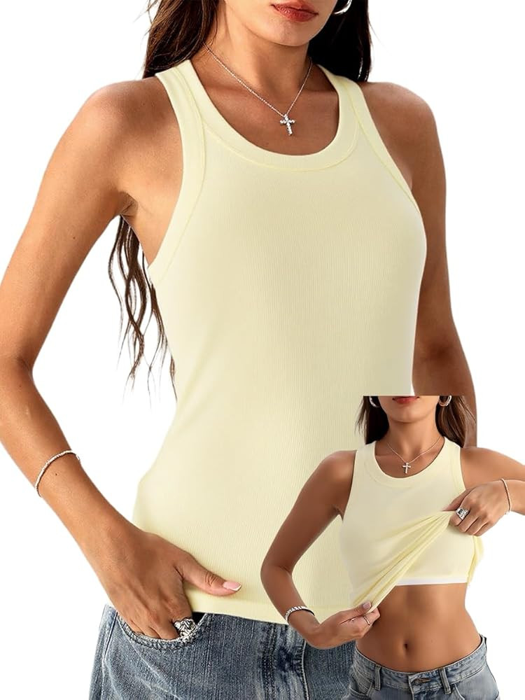 Danysu Racerback Tank Tops with Built in Bra for Women High Neck Ribbed Basics Fitted Long Bra Ta... | Amazon (US)
