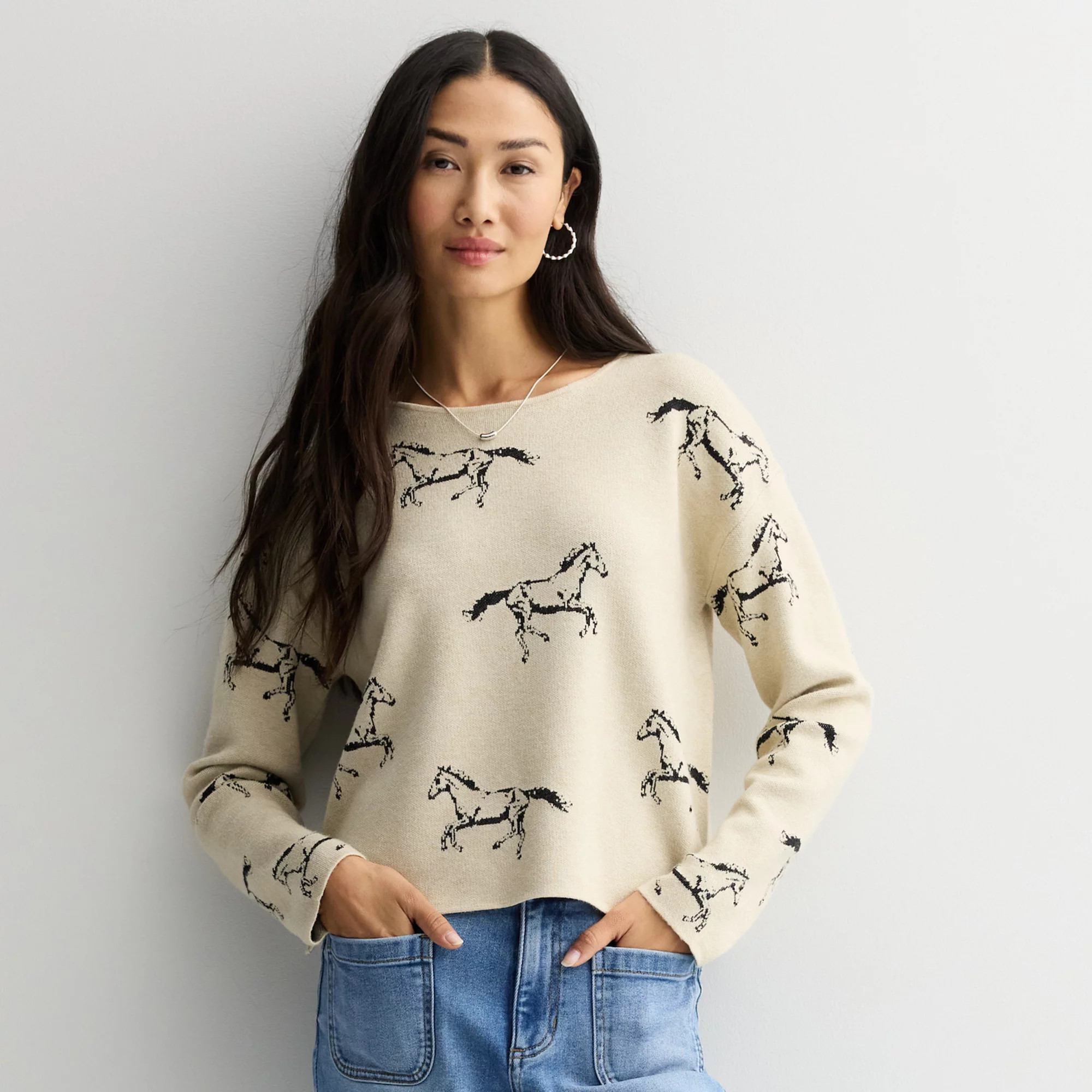 Women's Chelsea & Theodore Long Sleeve Crewneck Horse Pattern Sweater | Kohl's