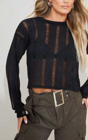 Black Ladder Detail Oversized Long Sleeve Top | PrettyLittleThing US