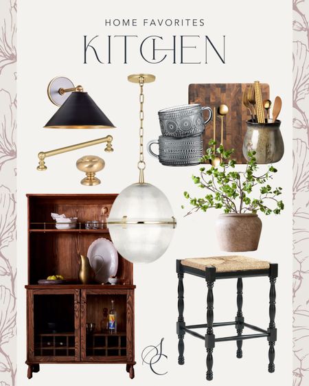 Kitchen design with gold, warm woods, and vintage inspired details!

#kitchendecor #kitchenstyling 

Pendant light, counter stool, cabinet hardware, black sconce, countertop accessories, buffet

#LTKunder50 #LTKstyletip #LTKhome