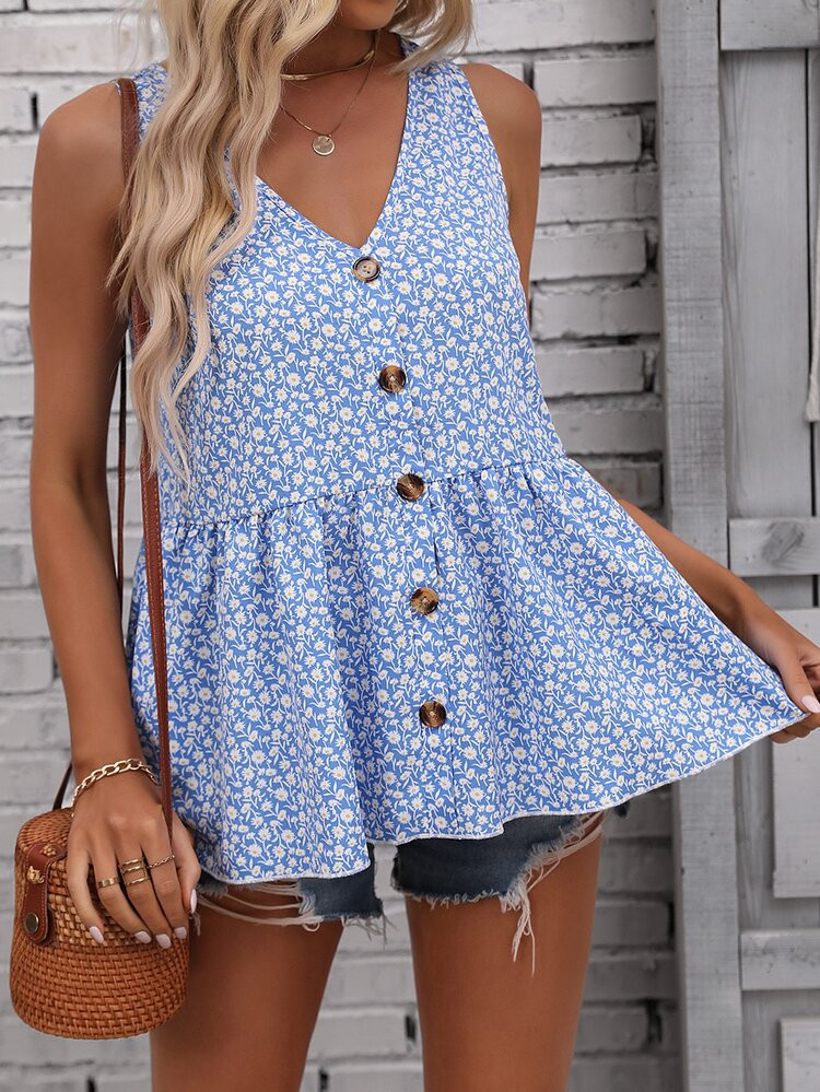 New
     
      Ditsy Floral Print Button Front Peplum Tank Top | SHEIN