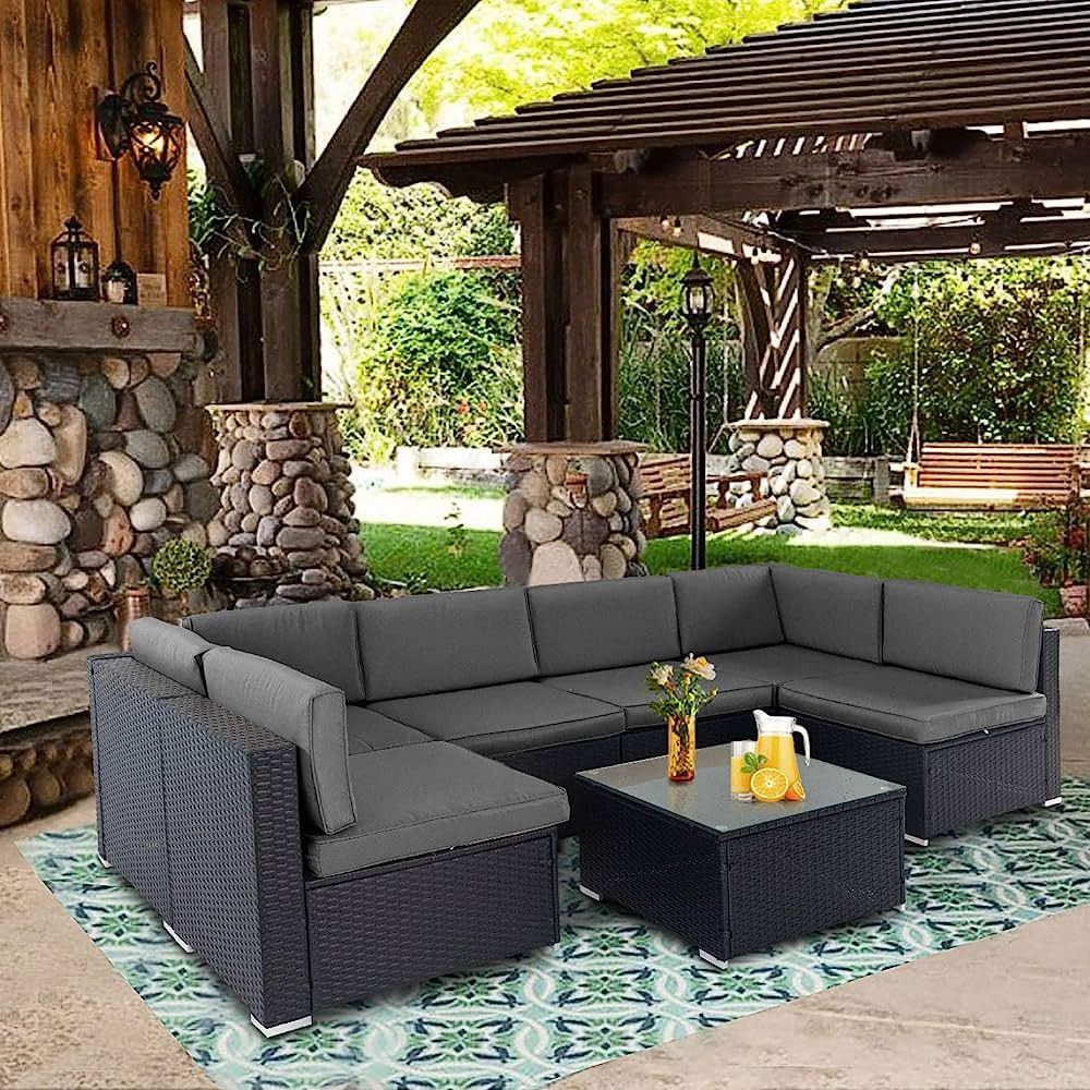SUNCROWN 7-Piece Outdoor Patio Furniture Sofa Set All-Weather Wicker Sectional Conversation Set w... | Amazon (US)
