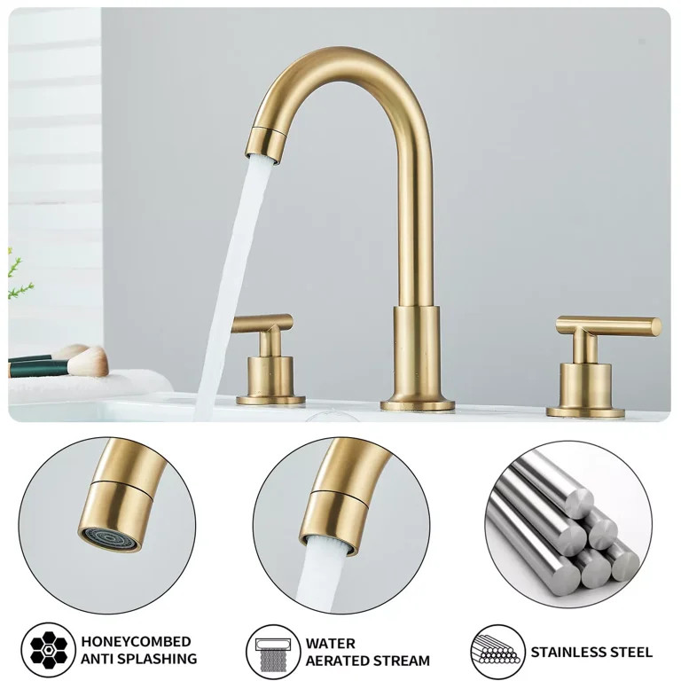 Brushed Gold Widespread Bathroom Faucet 3 Hole Sink Vanity Tap Dual Handle Mixer | Walmart (US)