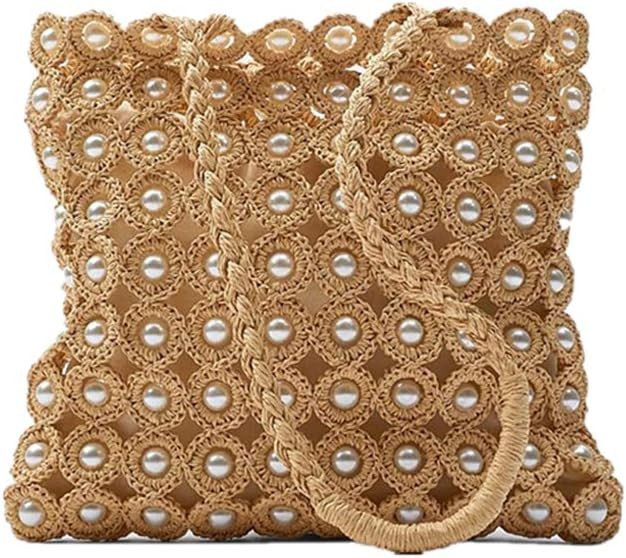 Hand-woven Hollow Out Soft Straw Shoulder Bag with Pearl Flower, Boho Straw Handle Tote Summer Be... | Amazon (US)