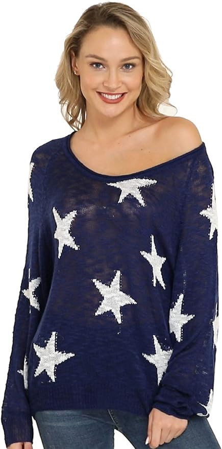 Pink Queen Womens Loose Star Sweater Long Batwing Sleeve V Neck Knitted Pullover Tops | Amazon (US)