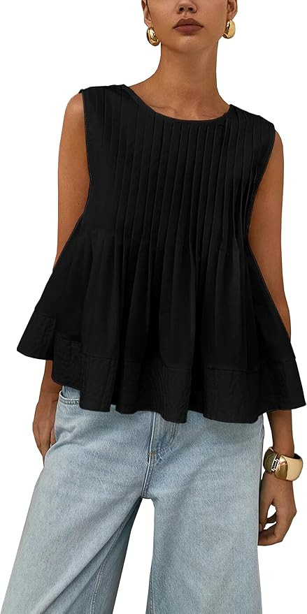 Women's Summer Babydoll Ruffle Tank Tops Pleated Peplum Sleeveless Blouse Round Neck Y2K Shirt | Amazon (US)
