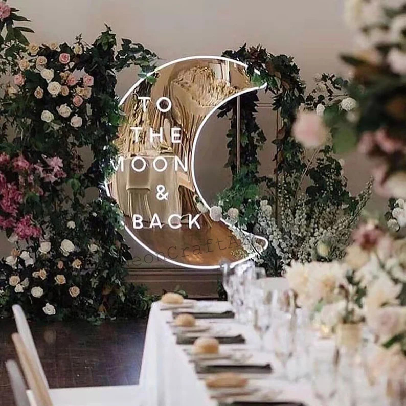 To The Moon and Back Neon Sign, Moon Decor Neon Light, Gold Mirror Moon Decor for Home, To The Mo... | Etsy (US)