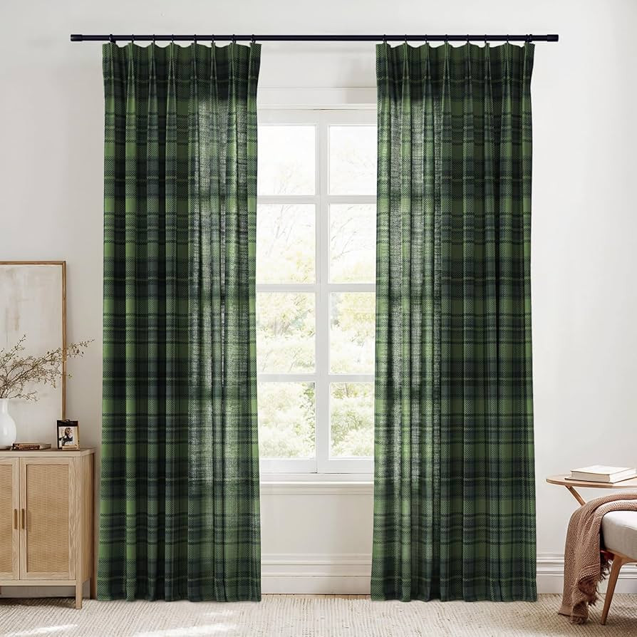 TWOPAGES Pinch Pleat Plaid Curtain 96 Inch Long Light Filtering Privacy Drape Linen Textured Tart... | Amazon (US)