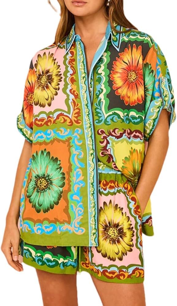 Aisongyuan Womens 2 Piece Printed Pajama Set Short Sleeve Button Down Shirt Wide Leg Shorts Summe... | Amazon (US)