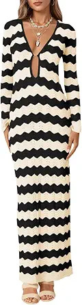 Saodimallsu Womens Crochet Summer Maxi Dress Striped Sexy Cut Out V Neck Long Sleeve Knit Cover U... | Amazon (US)