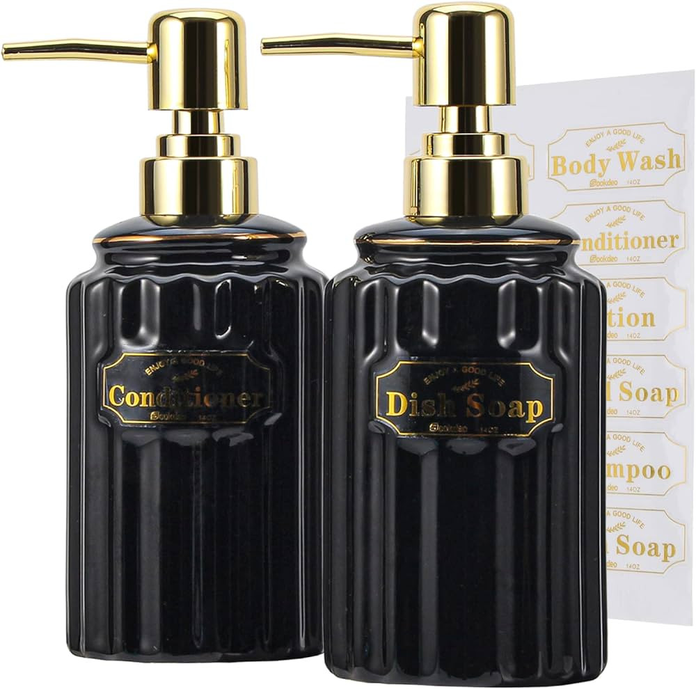SOOKDEO Soap Dispensers, 14oz Ceramic Bottles with Gold Pumps & Waterproof Labels for Shampoo, Ha... | Amazon (US)