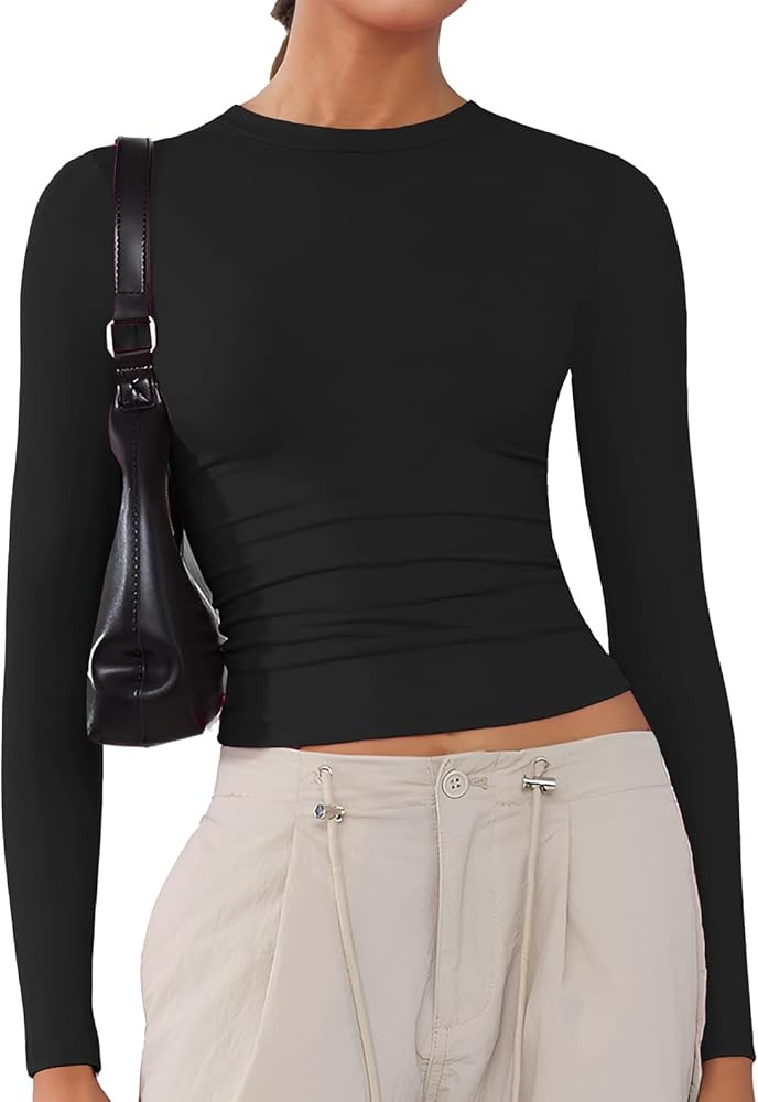 Women's Soft Long Sleeve Shirts Crew Neck Tops Basic Tees Stretchy Going Out Crop Tops Y2K Slim F... | Amazon (US)