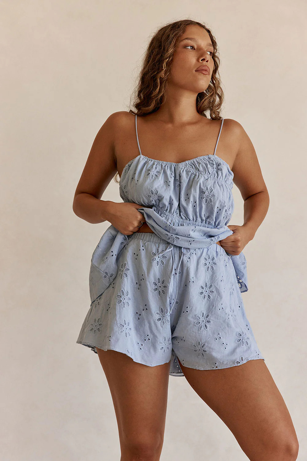 Blue Broderie Elastic Drawstring Octavia Shorts | Sabo Skirt US