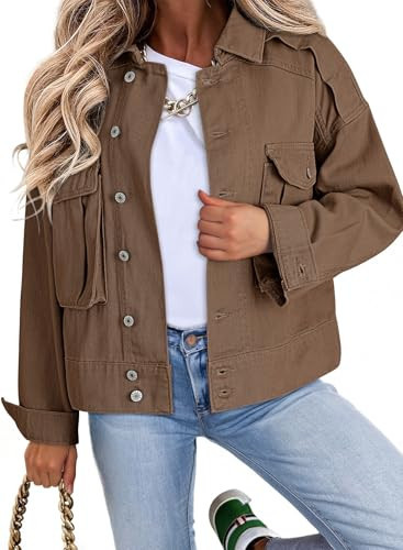 Dokotoo Spring Outfits for Women 2025 Cargo Womens Fashion Trucker Jackets with Pockets Lightweight Jean Jacket Women Clothing Chestnut Large | Amazon (US)