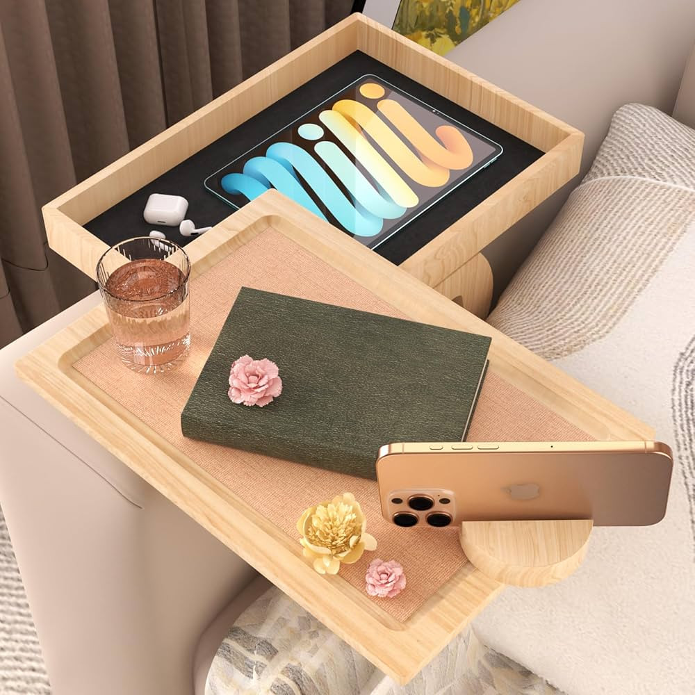 Bamboo Couch Arm Table with 360° Rotating Phone Holder & Hidden Storage Box,Non-Slip Sofa Arm Tr... | Amazon (US)