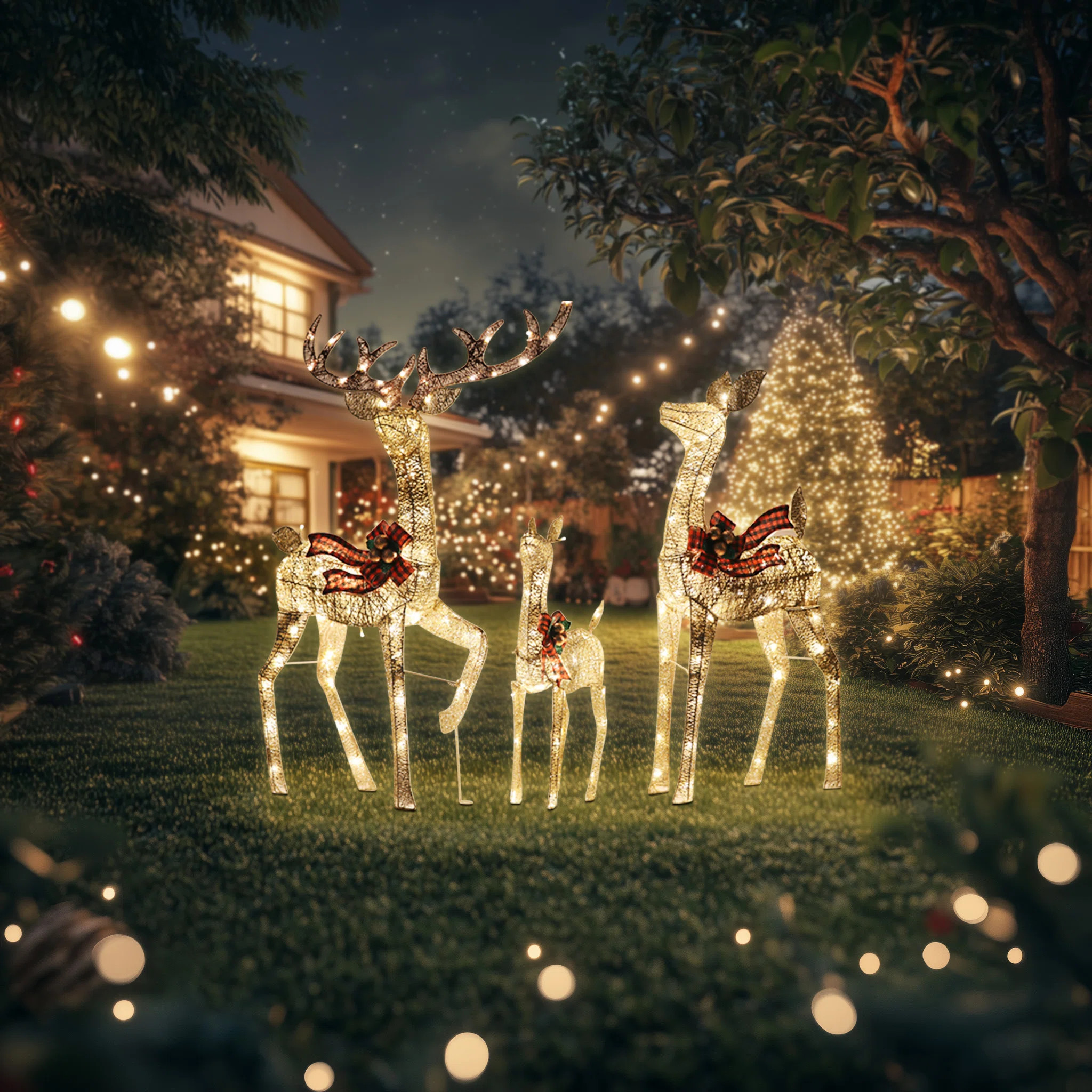 The Holiday Aisle® 3 Packs Large Lighted Christmas Deer Family Set with Bows, Warm  Deer，210LE... | Wayfair North America