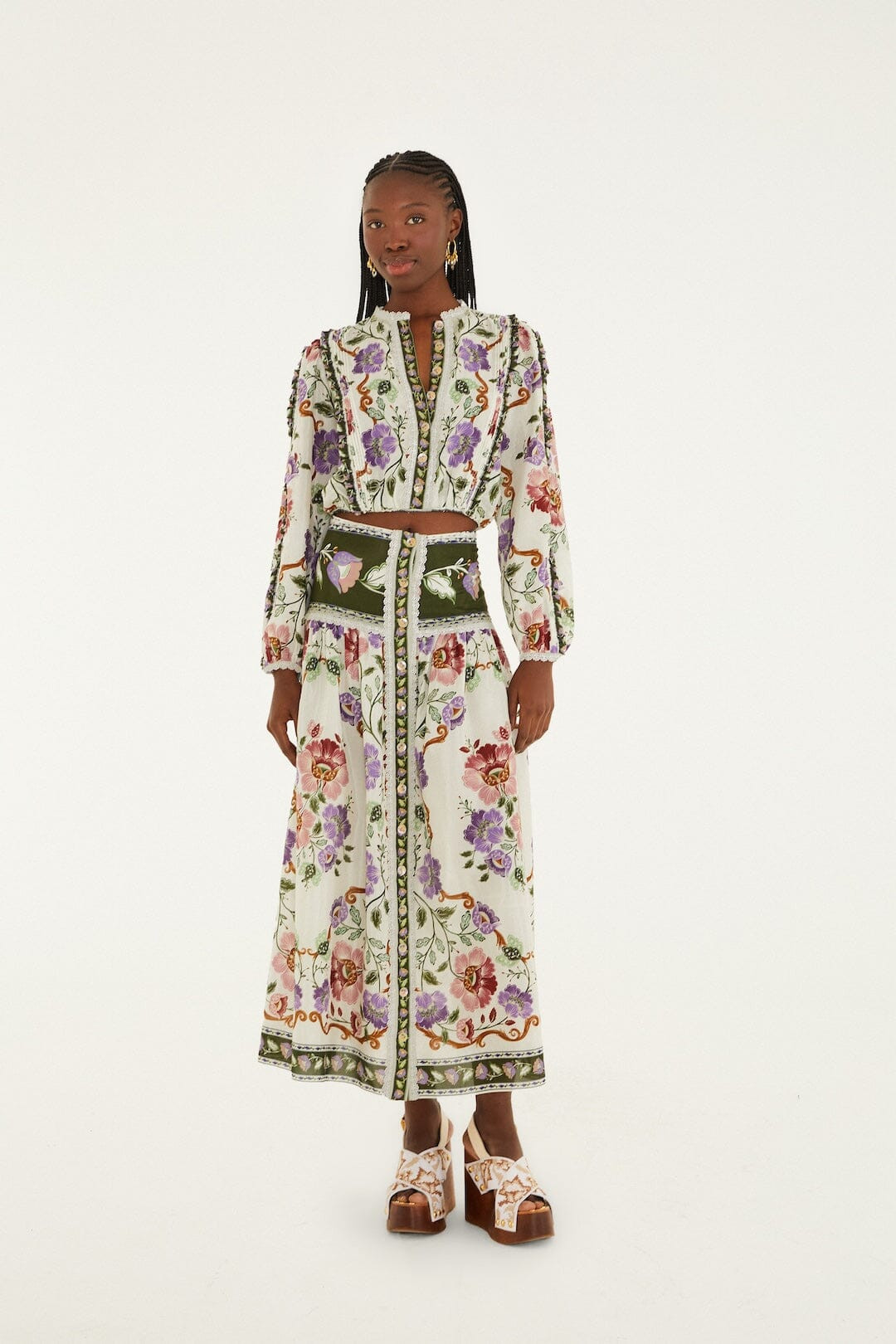 Cream Rococo Flowers Lace Buttoned Midi Skirt | FARM Rio | FarmRio (US)