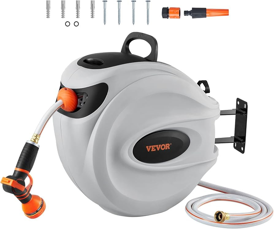 VEVOR Retractable Hose Reel, 100 ft x 1/2 inch, Garden Water Hose Reel with 9-Pattern Nozzle, 180... | Amazon (US)