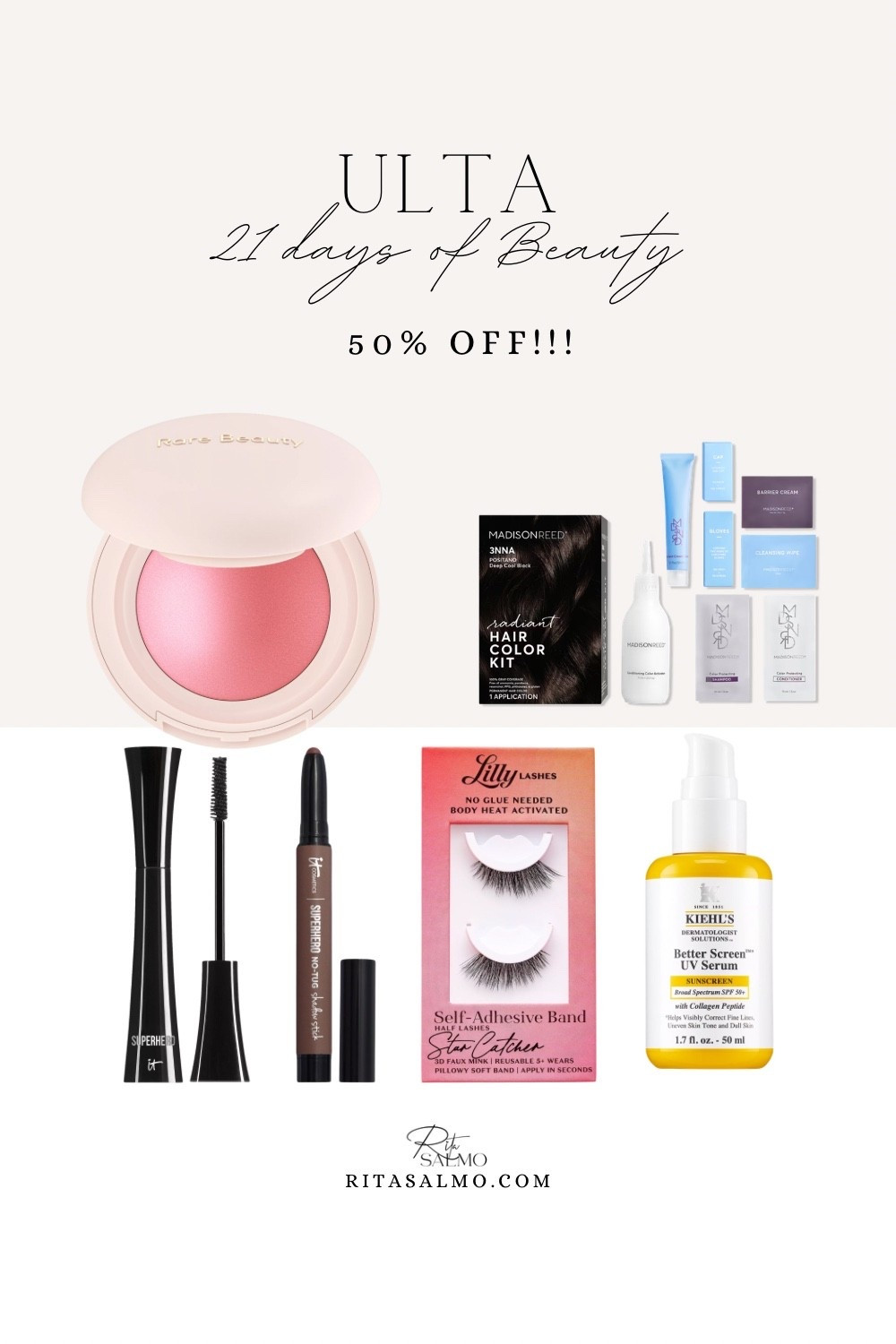 Ulta 21 days of beauty! 
So many good beauty products on sale today!!! 

Rita Salmo | Beauty sale | it cosmetics | rare beauty | Madison Reed | Kiehls | lilly lashes

#LTKOver40 #LTKBeauty #LTKSaleAlert