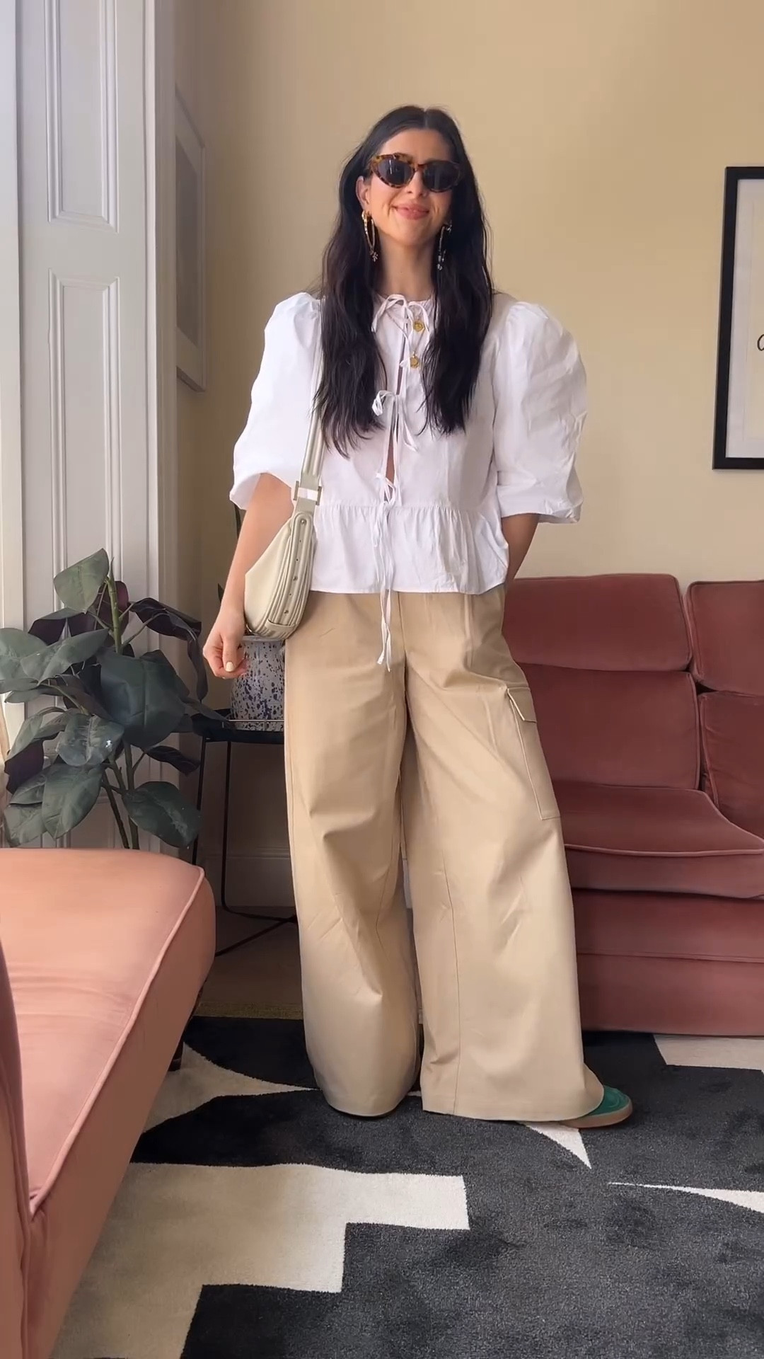 Asos, Aligne, Adidas, Hush, H&m, Topshop, transitional outfit, transitional style, spring outfit, spring fashion, white peplum top, puff sleeve blouse, wide leg trousers, beige cargo trousers, Adidas gazelles, leather bag, shoulder bag, spring outfit ideas, style inspiration 

#LTKstyletip #LTKeurope #LTKSeasonal