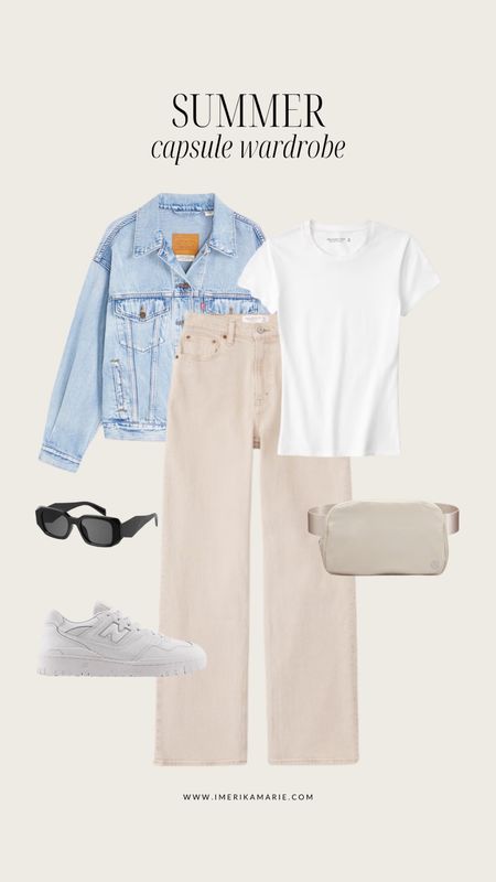 summer capsule wardrobe. summer outfit. beige jeans. abercrombie jeans. white t shirt. denim jacket. sunglasses. lululemon belt bag. new balance 550. 

#LTKstyletip #LTKSeasonal #LTKunder100