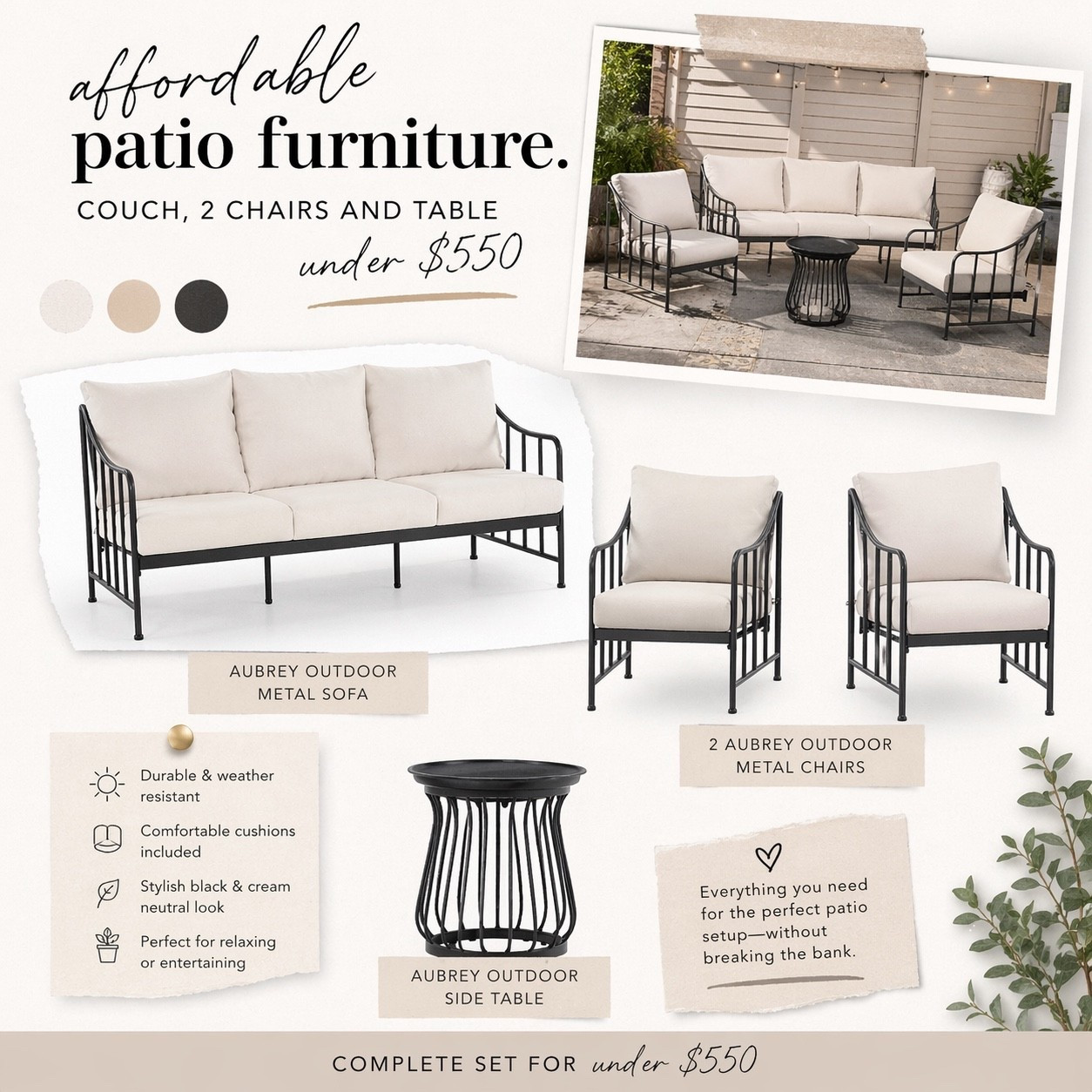 This is all currently in stock!! The metal frame and cream cushions are perfect for a European inspired garden backyard! I’ve owned these chairs twice now and my friends now have them. They are still in great shape! I recommend! Patio furniture. Spring porch. 

#LTKHome #LTKSeasonal