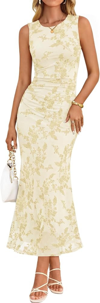 ZESICA Women's Summer Sleeveless Floral Bodycon Wedding Guest Dresses     Ruched Waist, Mesh, Bod... | Amazon (US)