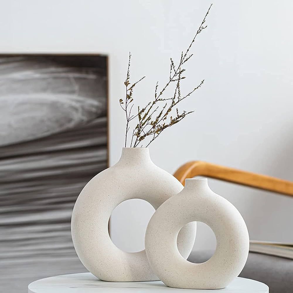 White Ceramic Vases- 2 for Modern Home Decor,Round Matte Boho Vase for Decor,Ceramic Vases Minima... | Amazon (US)