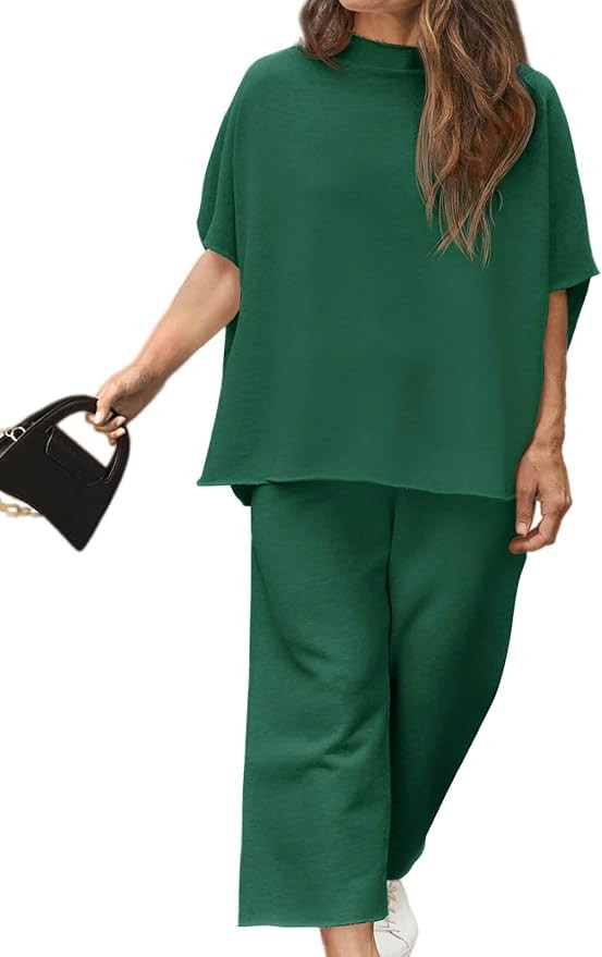 Beautife Women's Plus Size 2 Piece Outfits 3/4 Batwing Sleeve Capelet Crew Neck Pullover Top Wide... | Amazon (US)