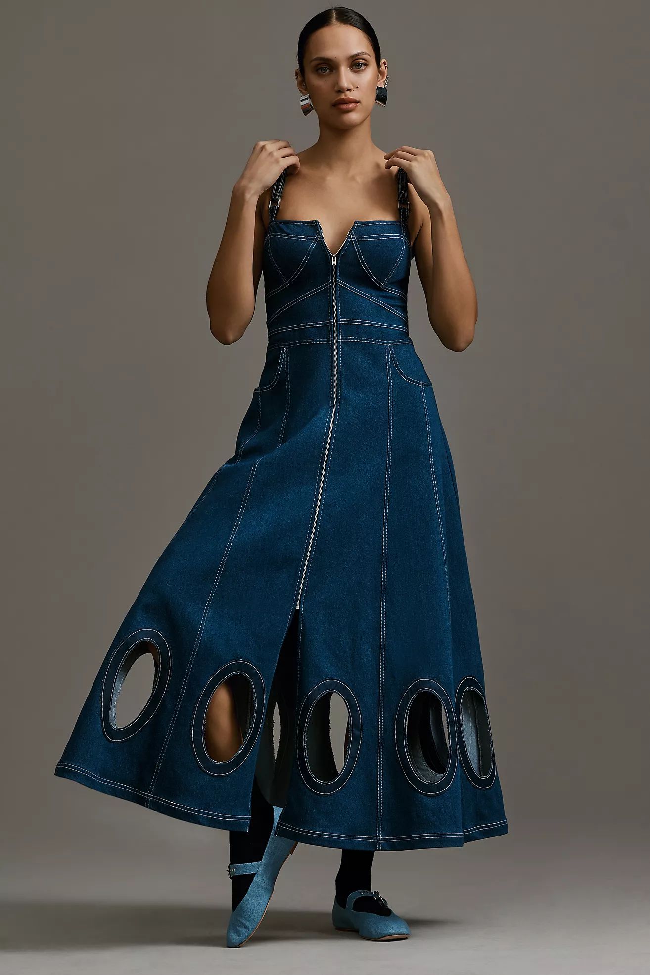 Geisha Designs Square-Neck Cutout Denim Dress | Anthropologie (US)