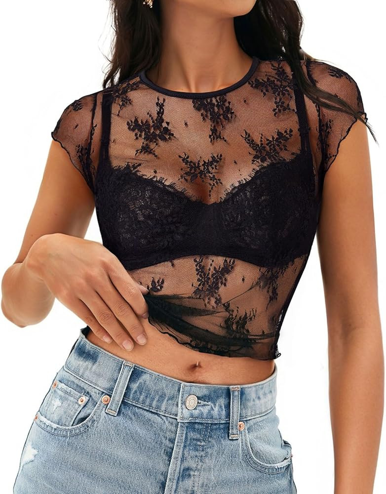 MEROKEETY 2025 Women's Mesh Sheer Lace Crop Top See Through Cap Sleeve Crewneck Summer Sexy Y2K B... | Amazon (US)