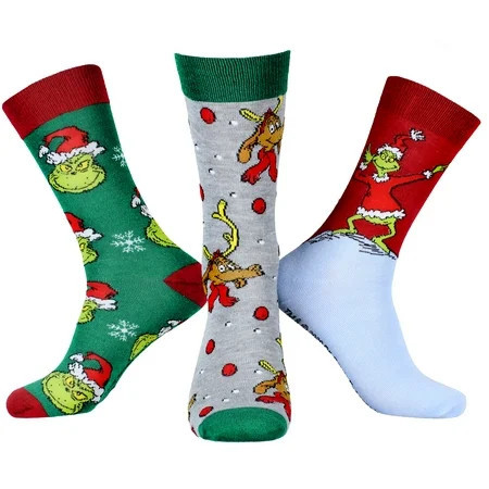 Dr Seuss The Grinch Character Design Adult Holiday 3 Pair Crew Socks | Walmart (US)