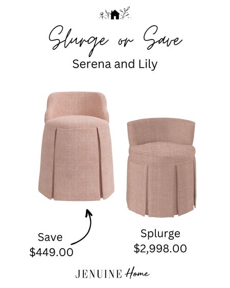 Spurge or save. Save or splurge. Serena and lily look alike. Pink vanity stool. Bedroom chair. Closet chair. Romantic bedroom. Classic bedroom. Same for less  