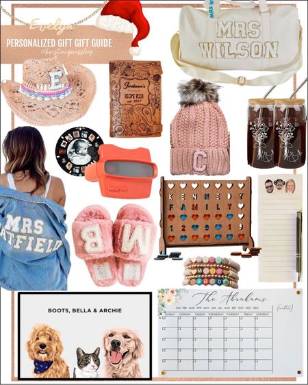 Personalize gifts gift guide. Personalized denim jacket. Personalize women’s fashion. Initial hat. Initial slippers. Personalize glasses. Weekender bag. Connect four game. Personalized office supplies. Notepad. Family acrylic calendar. Pet picture. Unique gifts. Special gifts. Gifts for everyone.￼

#LTKhome #LTKHoliday #LTKfamily