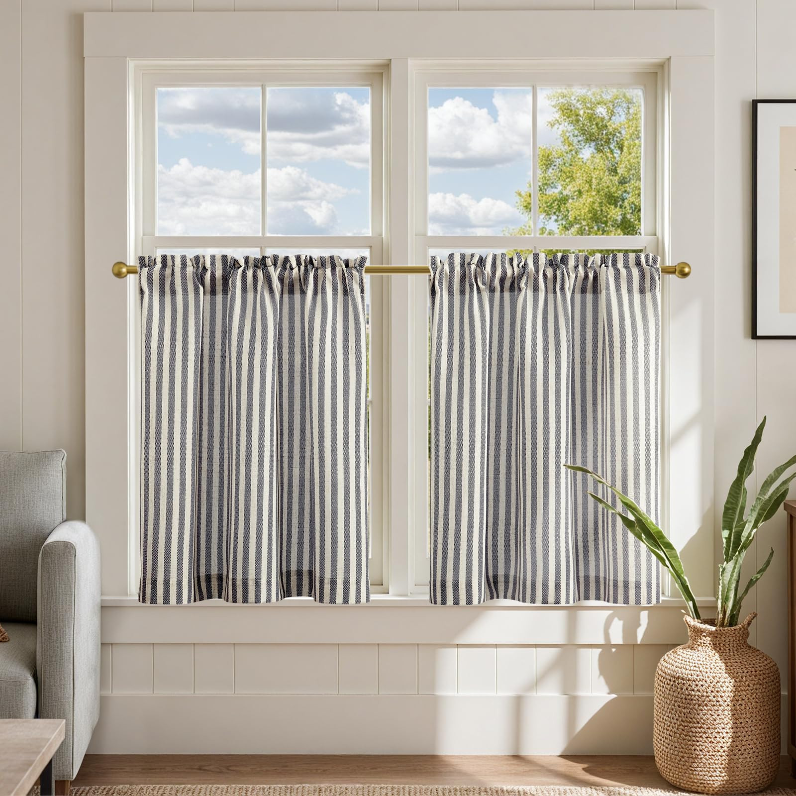 jinchan Striped Linen Kitchen Curtains 24 Inches Length Tier Curtains Farmhouse Modern Cafe Style... | Amazon (US)