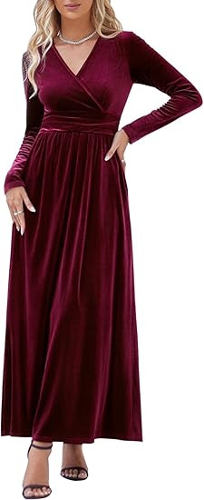 OUGES Women's Long/Short Sleeve V-Neck Wrap Waist Maxi Dress | Amazon (US)