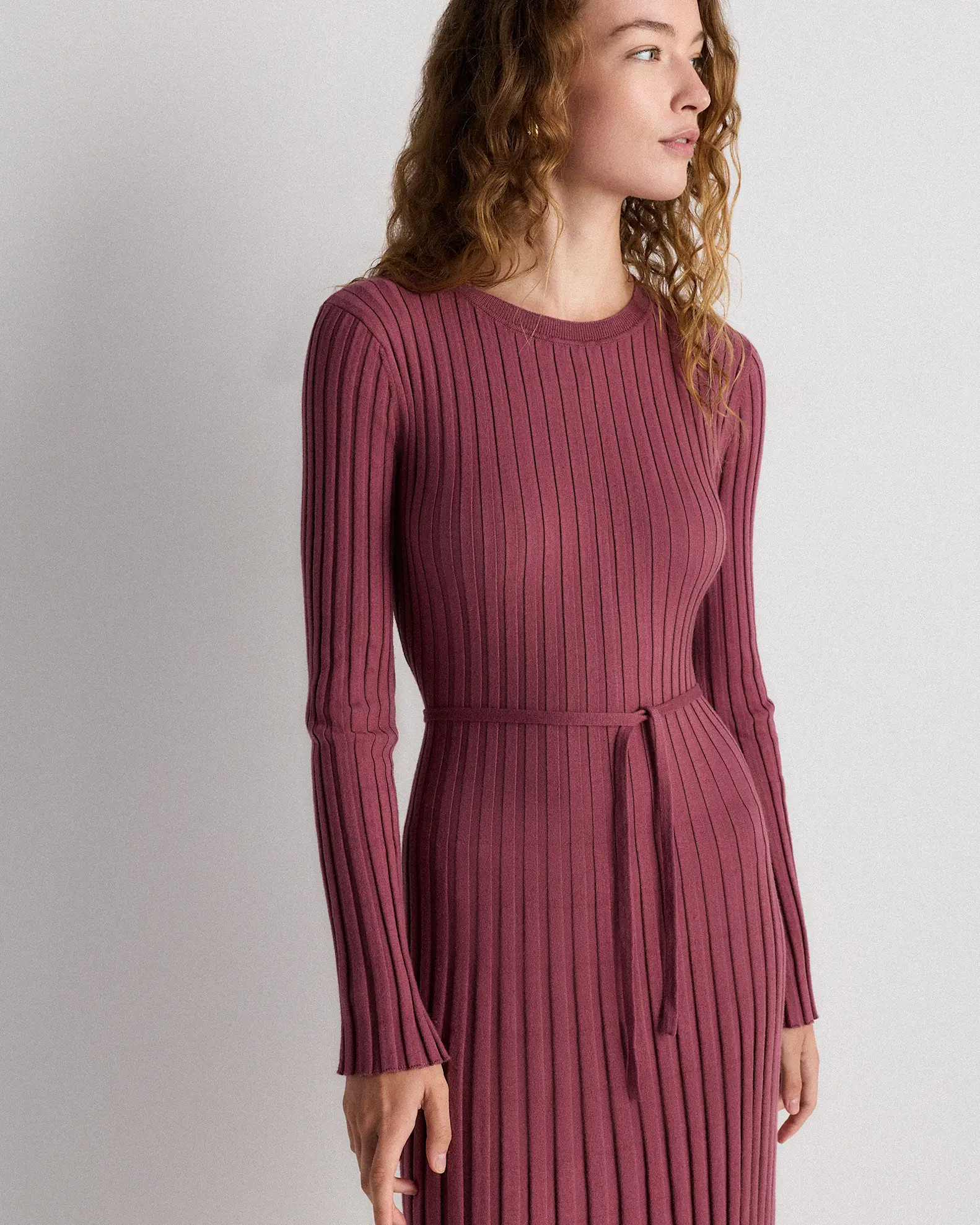 Cotton Cashmere Ribbed Long Sleeve Crew Midi Dress in Crushed Berry Purple | Quince