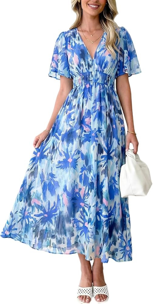 Womens V Neck Flutter Sleeve Boho Midi Dress Summer Wedding Guest Beach Party Long Dresses | Amazon (US)