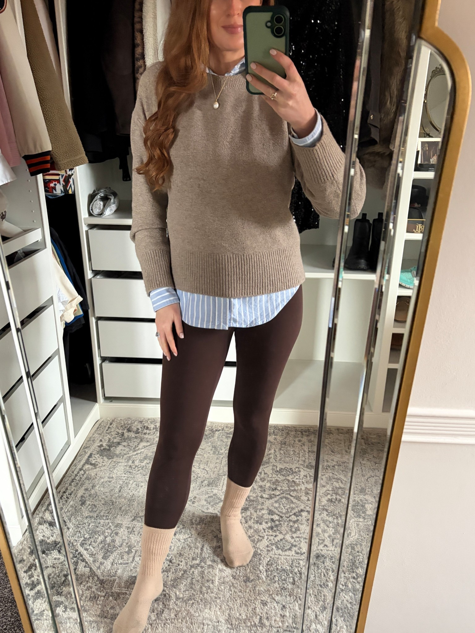 Another way to elevate a casual leggings outfit with a blue striped shirt and crew neck jumper 🤎💙 chocolate brown outfit, leggings outfit, English countryside 

#LTKstyletip #LTKuk #LTKwinter
