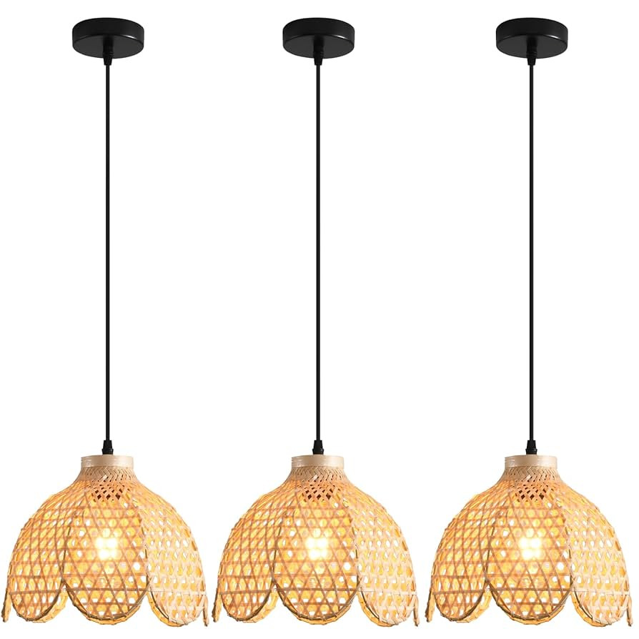 3-Pack Boho Pendant Light Fixture 9.8" Bamboo Hanging Light Mini Rattan Pendant Light,Woven Wicke... | Amazon (US)
