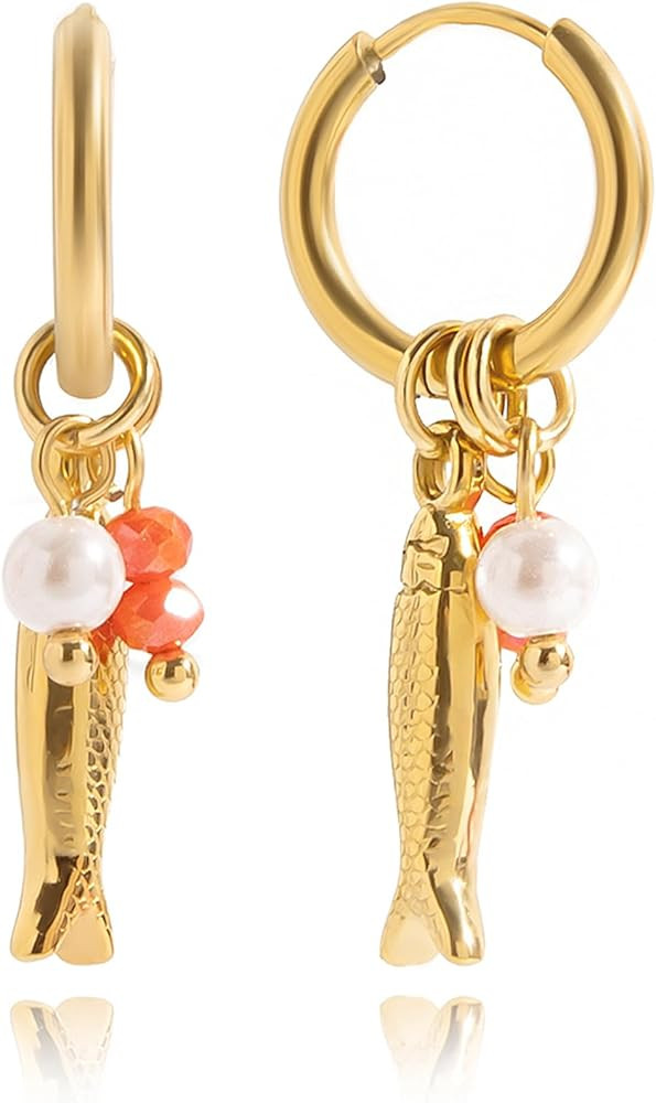 Beach Fish Earrings for Women - Boho Gold Pearl Red Bead Fish Earrings, Bohemian Beach Jewelry | ... | Amazon (US)