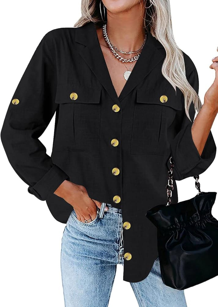 GRAPENT Womens Casual Loose Roll-up Sleeve Blouse Pockets Button Down Shirts Tops | Amazon (US)