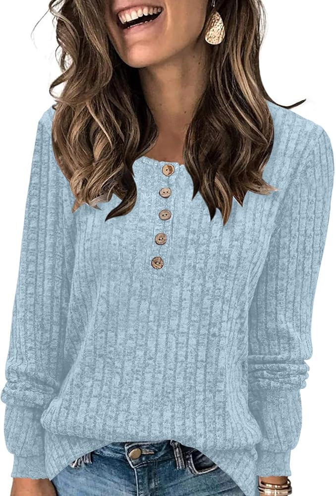 DB MOON Womens Lightweight Sweaters 2024 Long Sleeve Henley Shirt Fall Casual Crewneck Tunic Tops | Amazon (US)