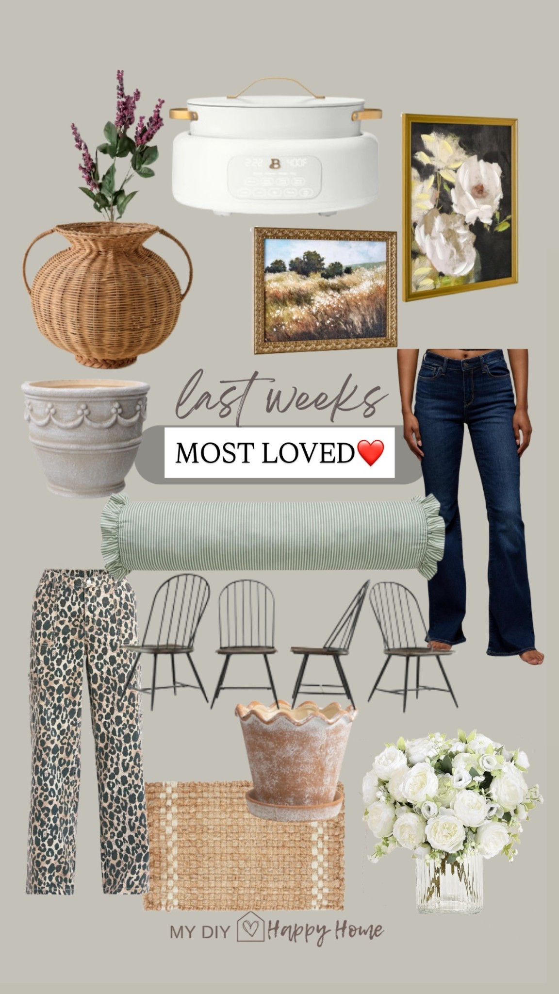 Last weeks most loved and best sellers

Multi cooker 
Woven vase 
Mauve Berry stems
White peonies 
Framed artwork 
New planters 
Flare leg jeans 
Ruffle edge stripe lumbar pillow
Leopard cargo pants
My dining chairs, set of 4
Outdoor rug 



#LTKHome #LTKMidsize #LTKSeasonal